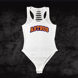 Hand Crafted White ASTROS Graphic Racerback Bodysuit with Orange and Blue Logo